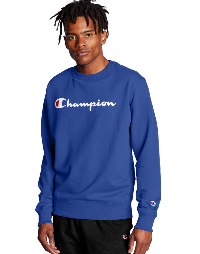 Champion Mens Sweatshirt NZ - Powerblend Fleece Crew Script Logo Blue ( 5072-IZVYL )